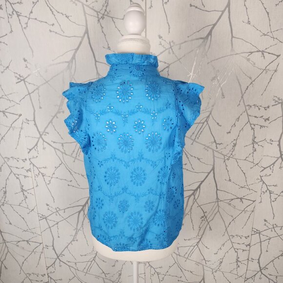 Deluc Turquoise Blue 100% Cotton Eyelet Ruffle High Neck Top - Picture 6 of 8